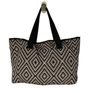 Anthropologie Woven Geometric Weekend Tote Bag Large Overnight Purse Black Tan